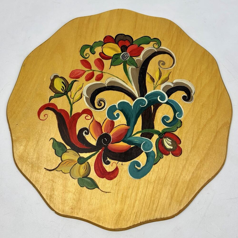 NORWEGIAN ROSEMALING Wood Plate Plaque Hand Painted One Of A Kind Signed 11.5”